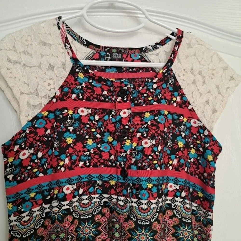 Star Ride Red Lace Romper Bohemian Paisley Floral Print